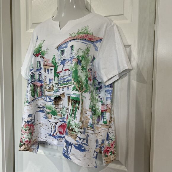 Alfred Dunner Plus Size 3X White Cafe Scenic T-Shirt Short Sleeve Rhinestone - Picture 2 of 10
